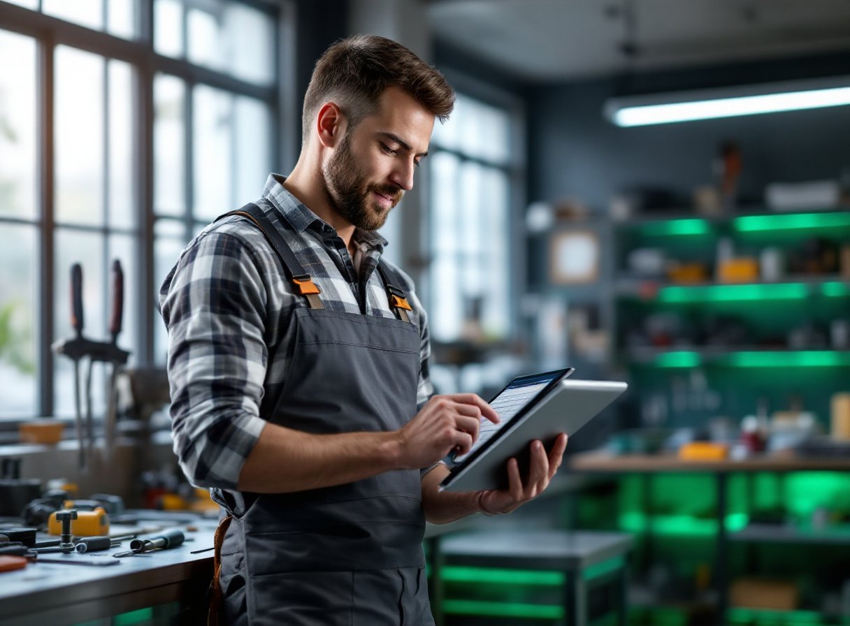 Handwerker prüft den digitalen Terminplan auf dem Tablet in der Werkstatt