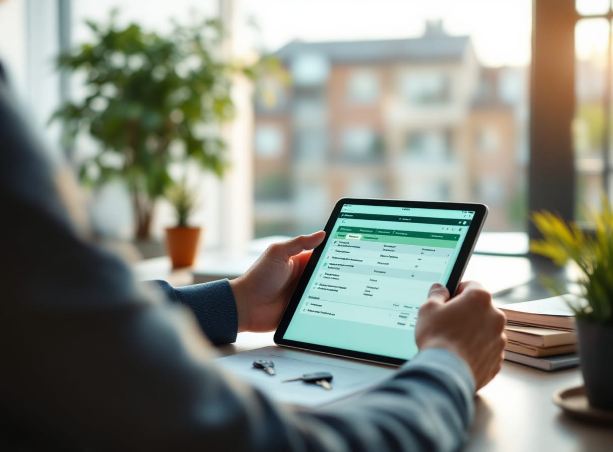 Hausverwalter bearbeitet eine Mieteranfrage am Tablet