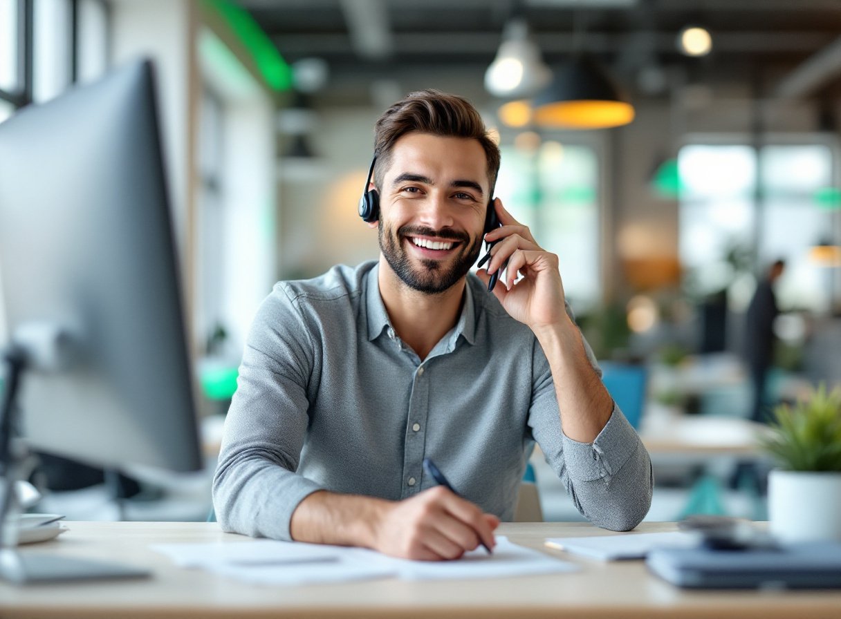 Freundlicher Mitarbeiter mit Headset nimmt im modernen Büro einen Anruf entgegen