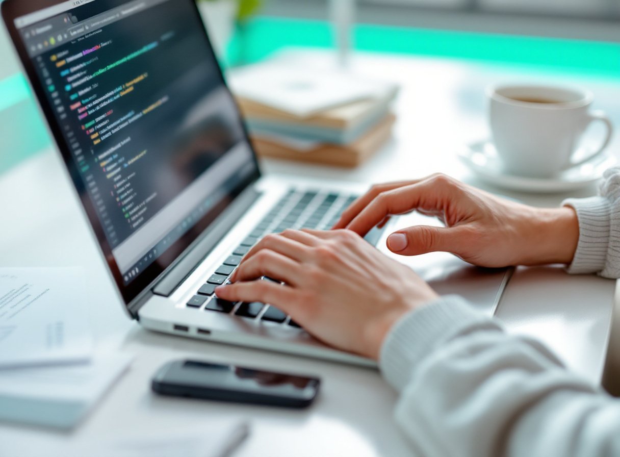 Hände am Laptop auf einem aufgeräumten Schreibtisch — automatisierte Abläufe im Hintergrund