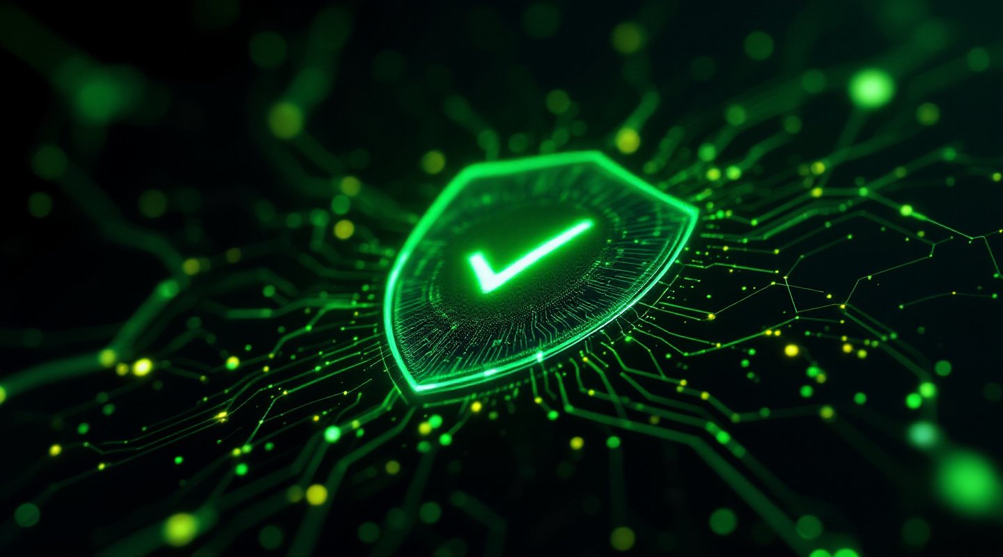 Leuchtendes Emerald-Schild mit Häkchen als Symbol für EU-AI-Act-Konformität