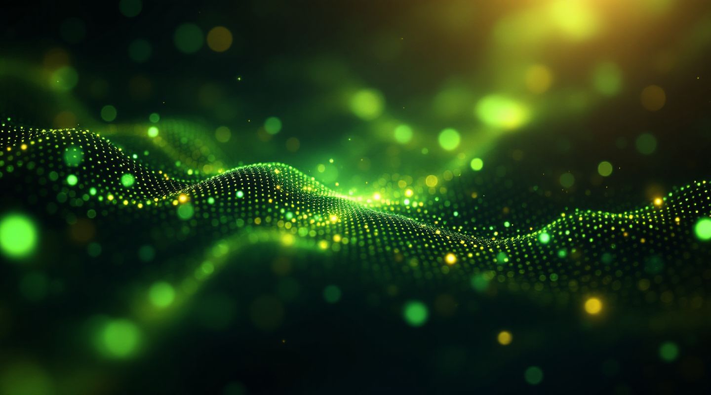Abstrakte Daten-Partikel-Welle in Emerald-Tönen als Symbol für KI-Insights