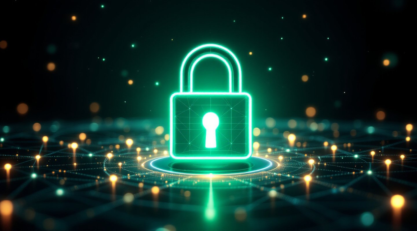 Emerald-Vorhängeschloss in einem Datennetz als Symbol für DSGVO-konforme KI