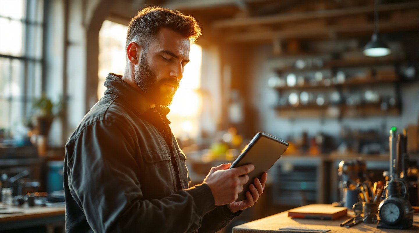 Handwerker in der Werkstatt mit Tablet