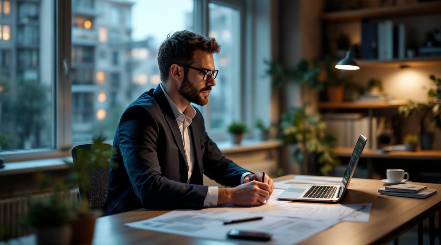 Hausverwalter am Schreibtisch mit Gebäudeplänen und Laptop