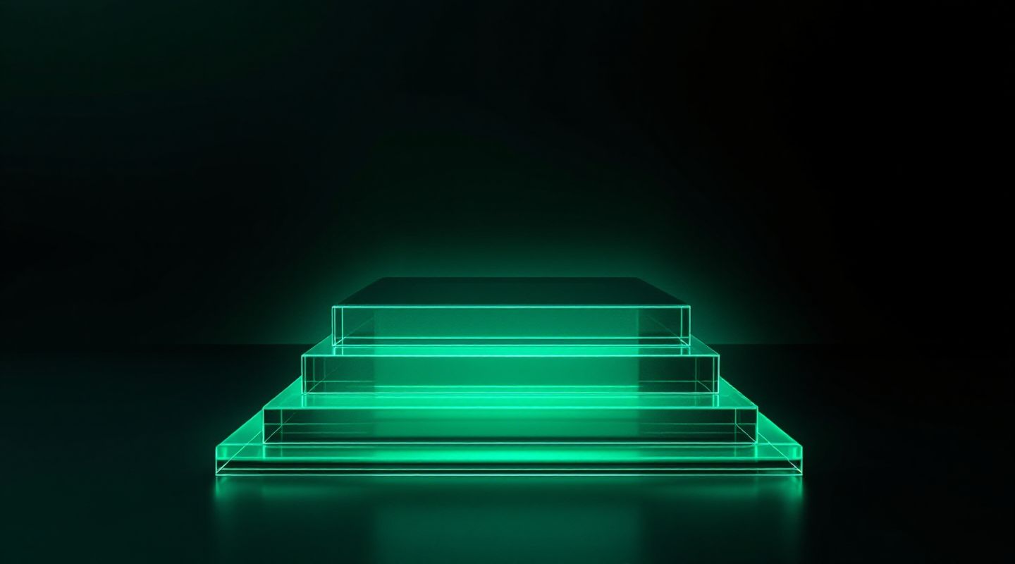 Abstrakte Darstellung transparenter, gestaffelter Preis-Pakete in Emerald-Tönen