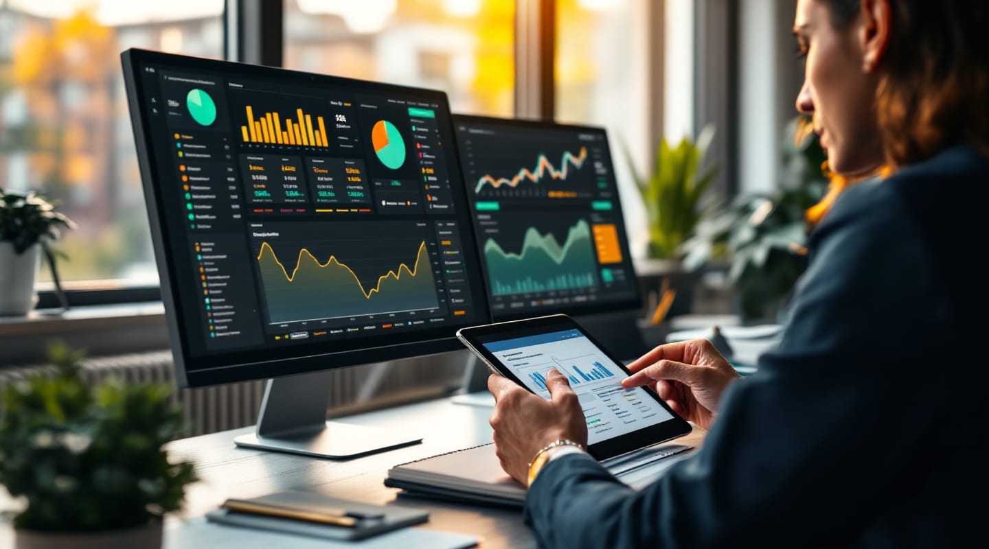 Steuerberaterin im modernen Büro prüft Unterlagen am Tablet